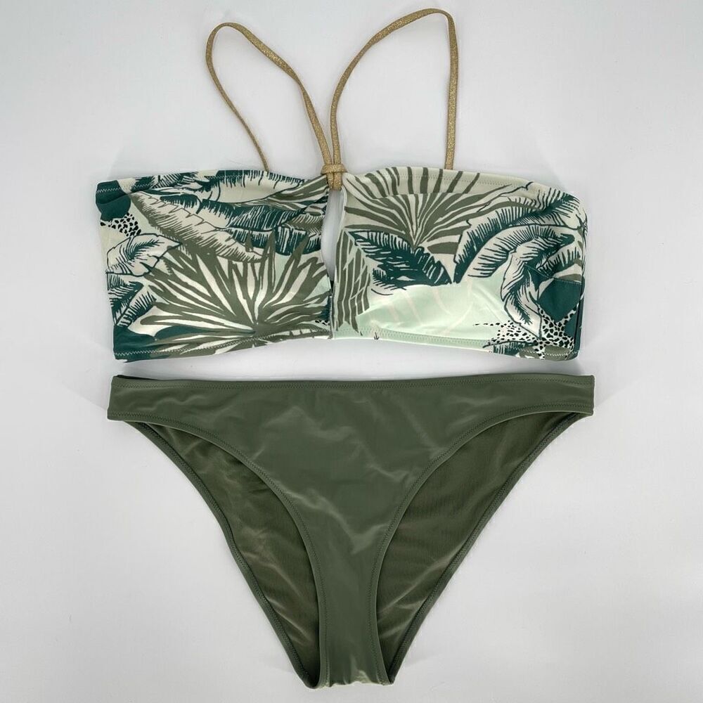 Aerie Keyhole Bandeau Top Cheeky Bottom Swimsuit Set Green Tropical Print XXL